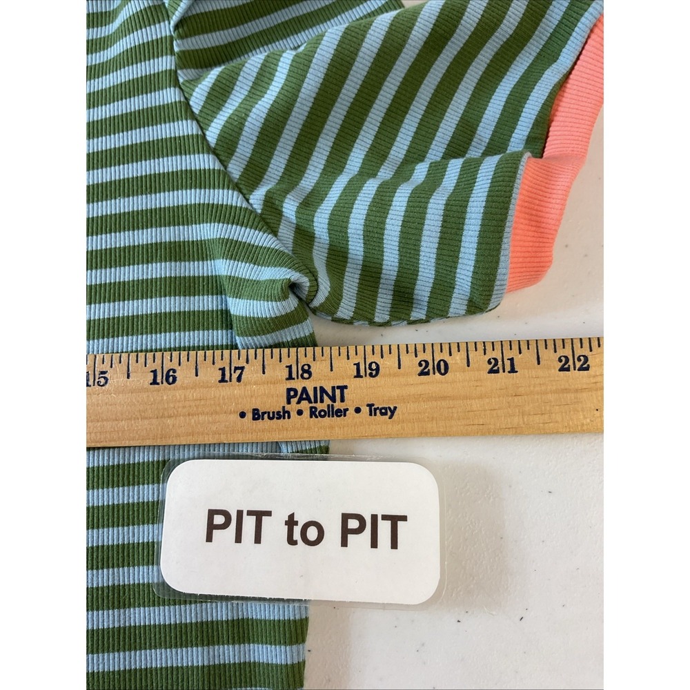 Maeve Green and Cream Striped Puff Sleeve Top with Coral Trim - Picture 8 of 10